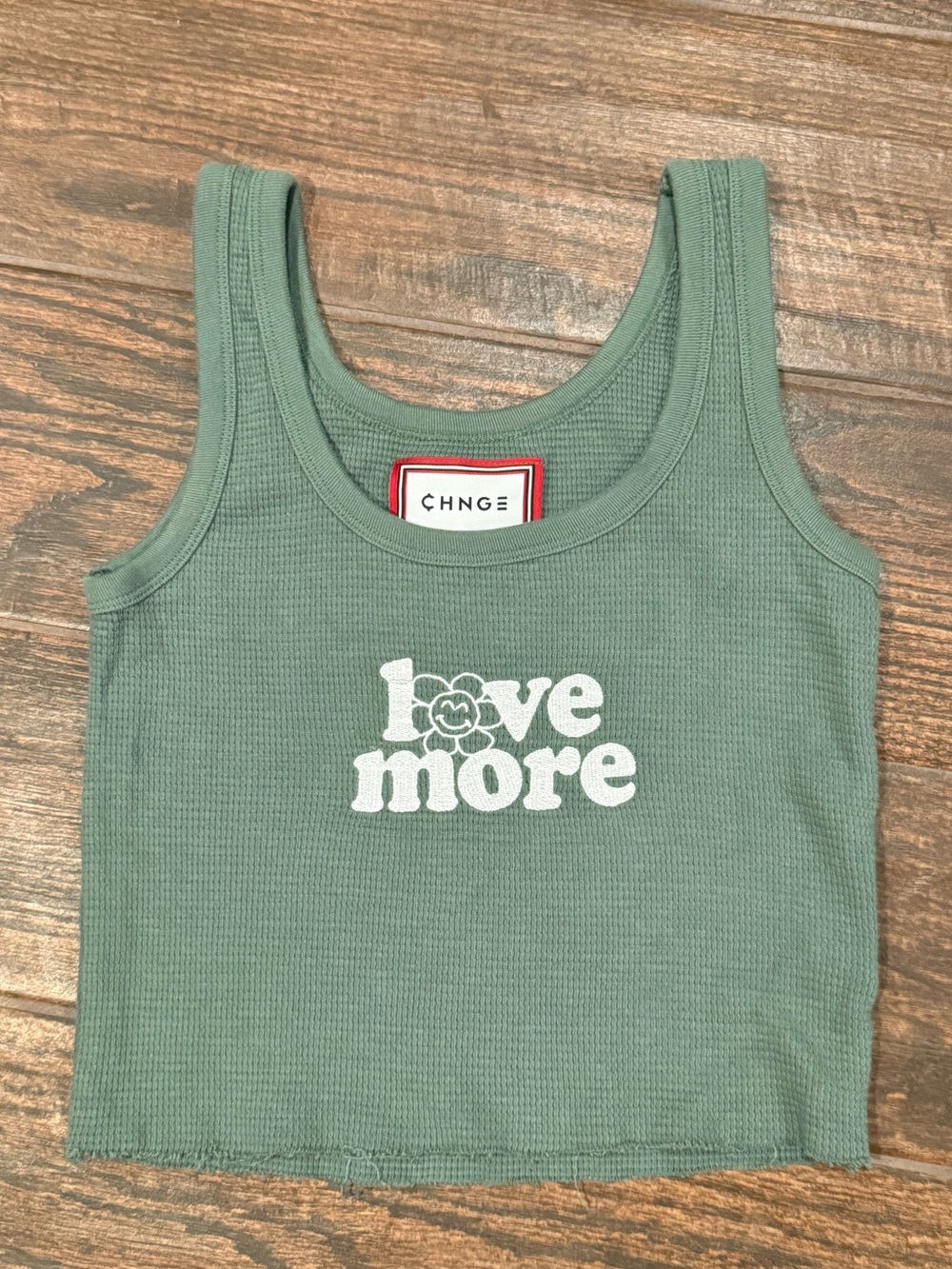 CHNGE Love More Embroidered Waffle Crop Tank Sage Green